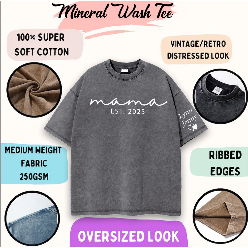 Custom Mama Mineral Wash Tee Shirt with Kid Name on Sleeve, Personalized Mom Shirt, New Mom Gift, Gift For Mom, Mothers Day, Pregnancy Announcement Li29