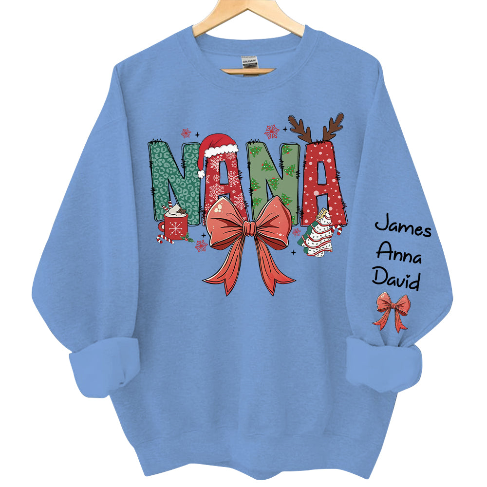 Personalized Christmas Nana Coquette Shirt, Custom Mama Claus Christmas Tree Cake Coquette Bow Candy Cane Santa Hot Cocoa Shirt