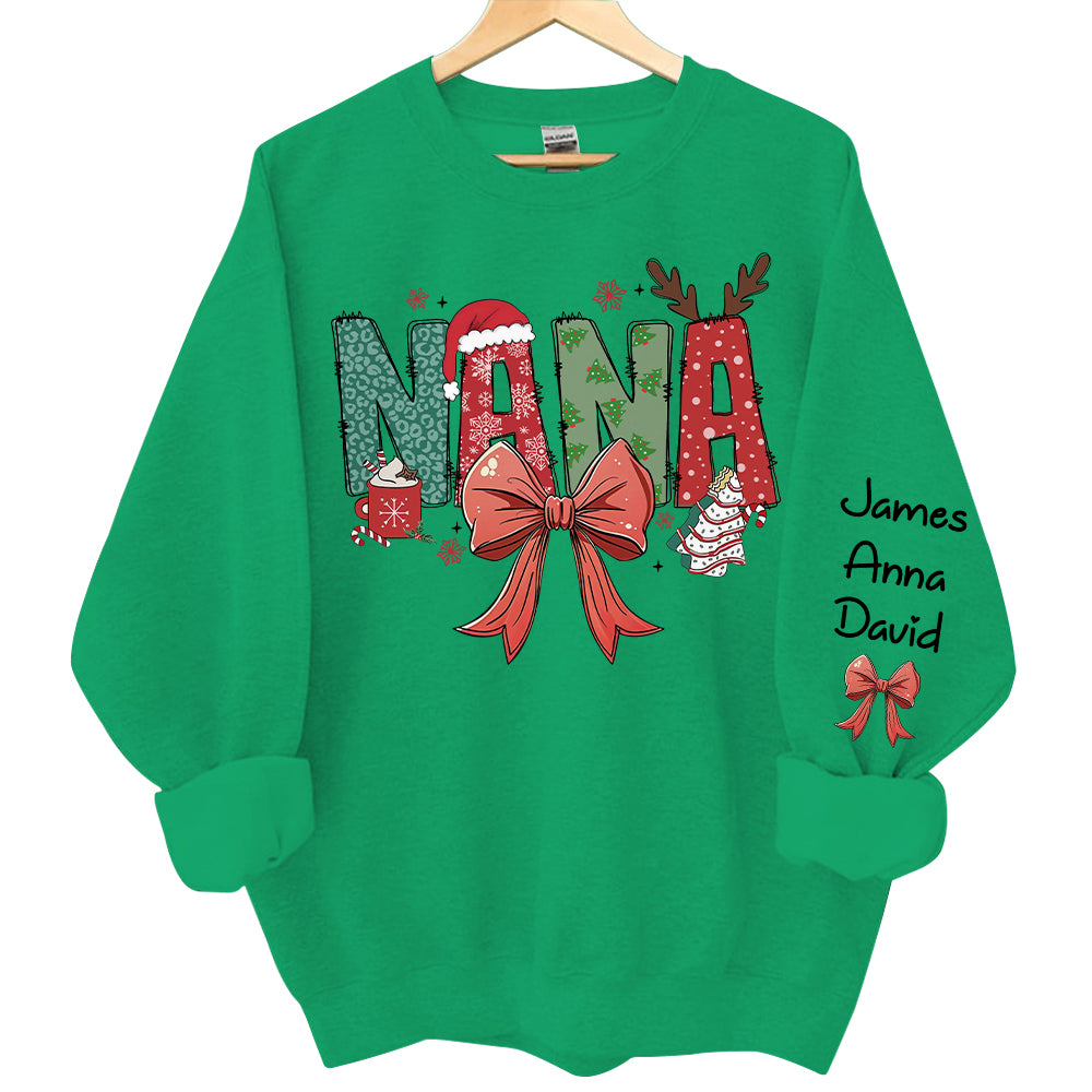 Personalized Christmas Nana Coquette Shirt, Custom Mama Claus Christmas Tree Cake Coquette Bow Candy Cane Santa Hot Cocoa Shirt