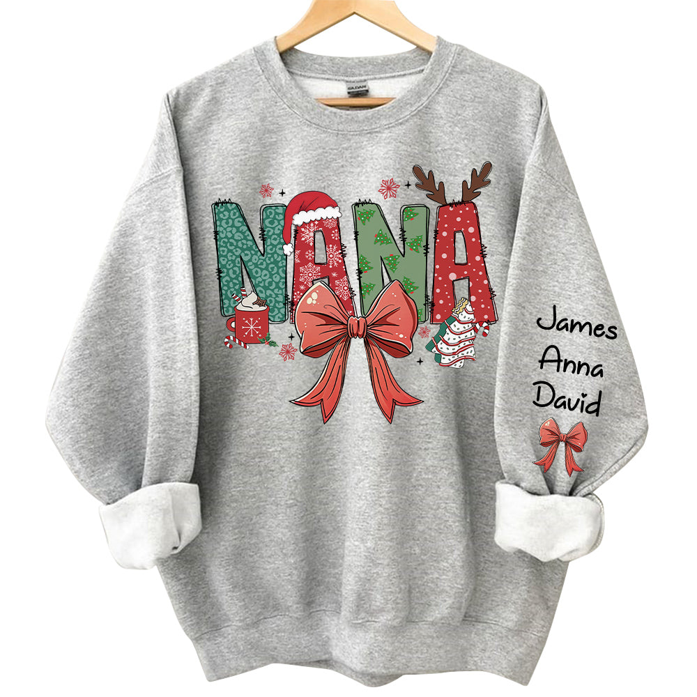 Personalized Christmas Nana Coquette Shirt, Custom Mama Claus Christmas Tree Cake Coquette Bow Candy Cane Santa Hot Cocoa Shirt