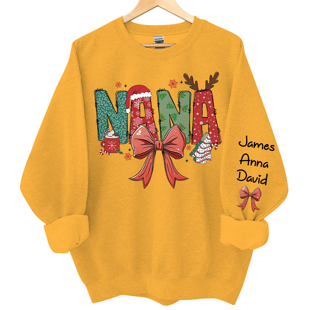 Personalized Christmas Nana Coquette Shirt, Custom Mama Claus Christmas Tree Cake Coquette Bow Candy Cane Santa Hot Cocoa Shirt