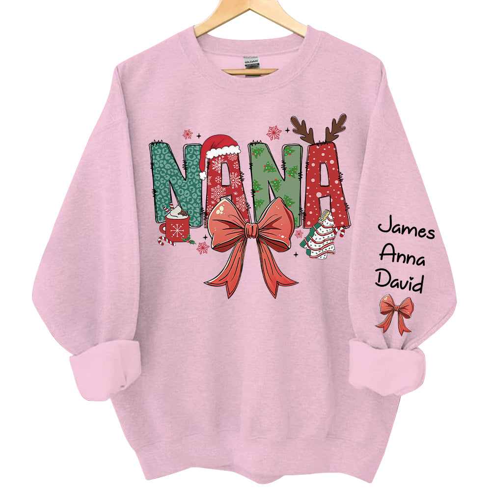Personalized Christmas Nana Coquette Shirt, Custom Mama Claus Christmas Tree Cake Coquette Bow Candy Cane Santa Hot Cocoa Shirt