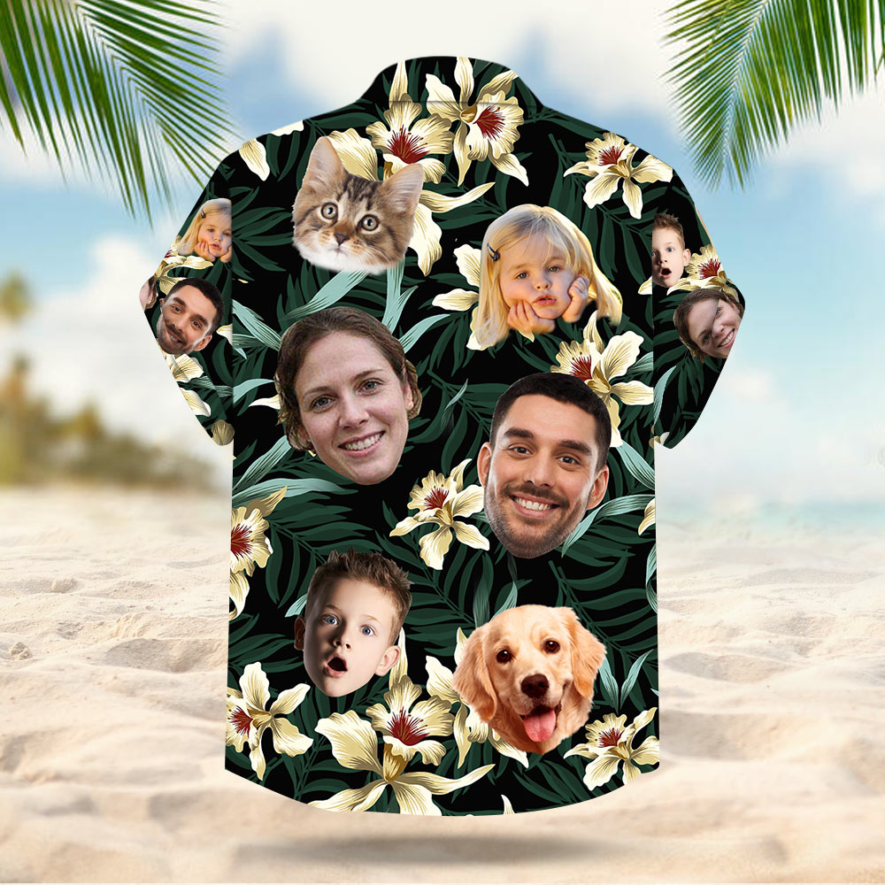 Custom Dog Cat Face Leaves & Flowers Custom Hawaiian Shirt With Multiple Faces For Family