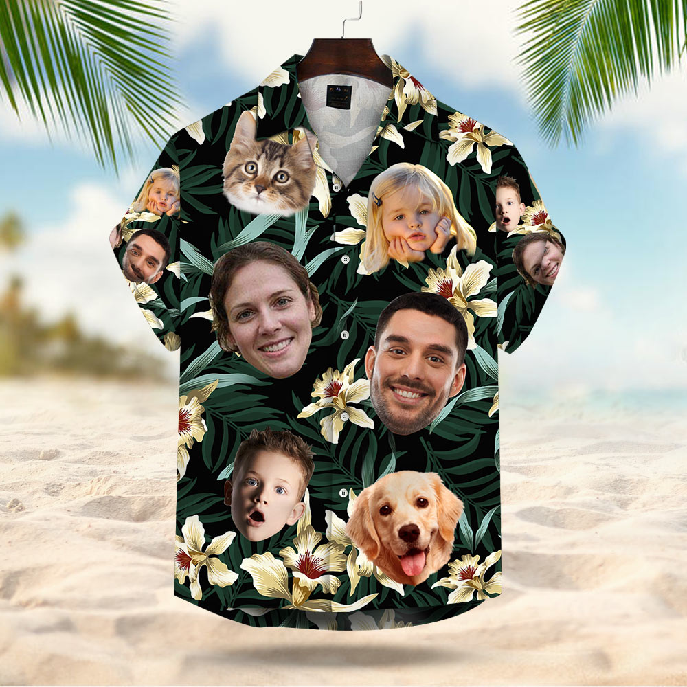 Custom Dog Cat Face Leaves & Flowers Custom Hawaiian Shirt With Multiple Faces For Family