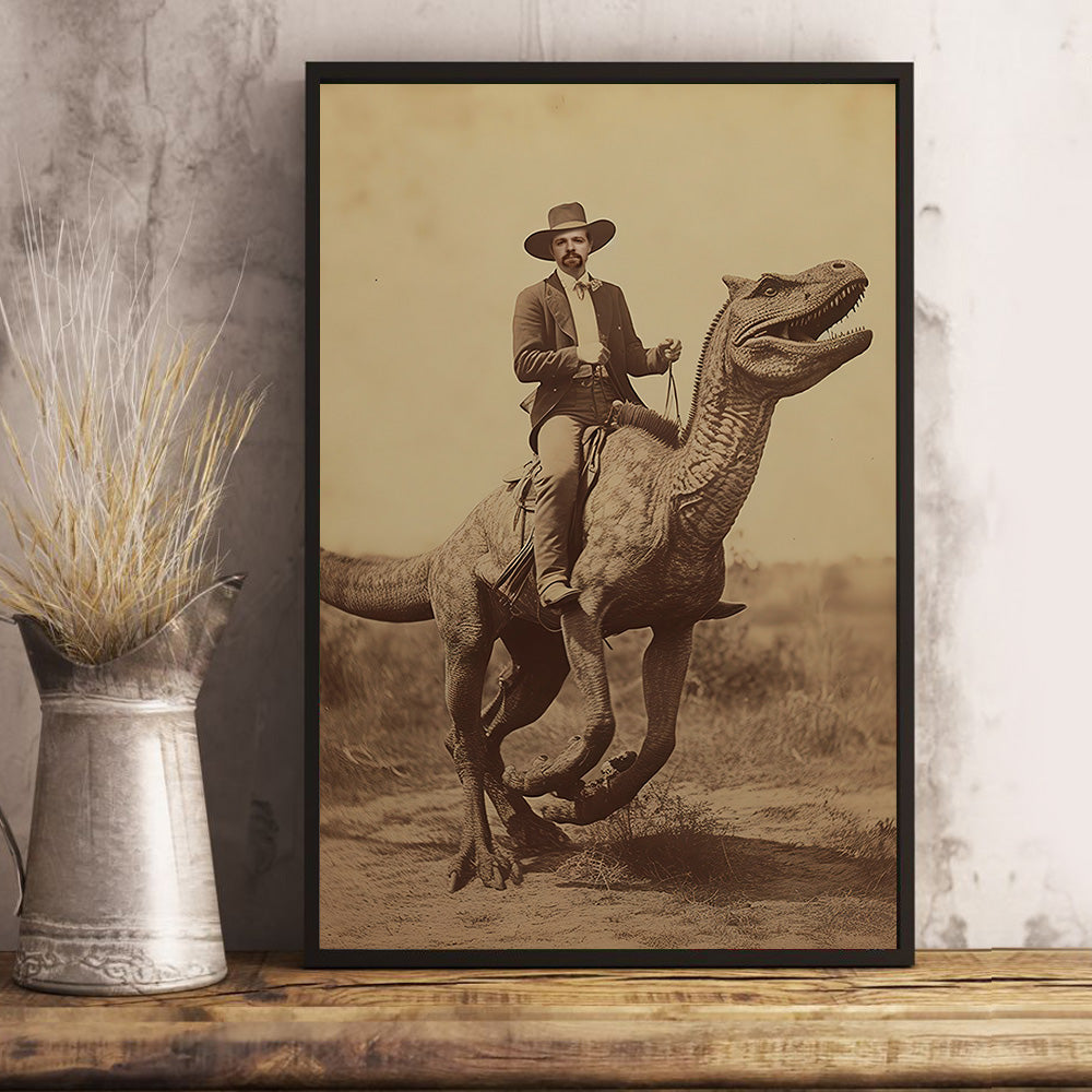 Custom Cowboy Riding Dinosaur Canvas – Vintage 19th Century Poster Canvas Print