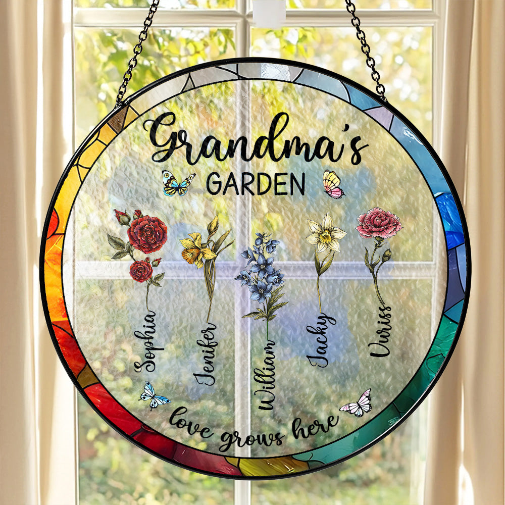 Personalized Grandma's Garden Gift For Grandma, Grandma Gift, Mother's Day Gift For Grandma, Nana Birth Month Flower Stain Glass Suncatcher Tu20