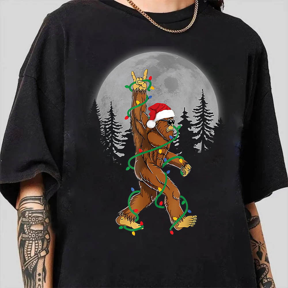 Bigfoot Santa Christmas Tree Lights Funny Xmas Sasquatch Shirt