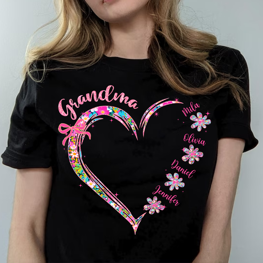 Grandma Heart Glitter Shirt - Custom Flower Shirt For Nana Mimi Gigi - Personalized Kid Names NA04 Pa00