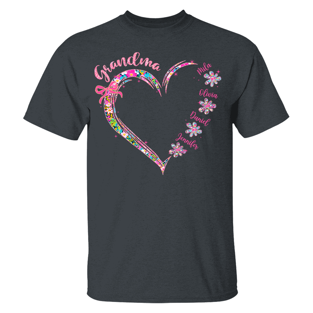 Grandma Heart Glitter Shirt - Custom Flower Shirt For Nana Mimi Gigi - Personalized Kid Names NA04 Pa00