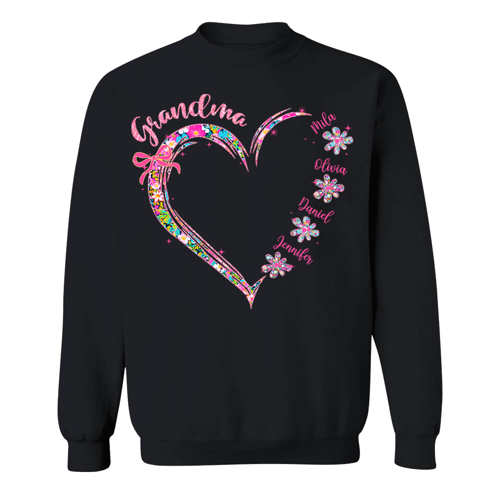 Grandma Heart Glitter Shirt - Custom Flower Shirt For Nana Mimi Gigi - Personalized Kid Names NA04 Pa00