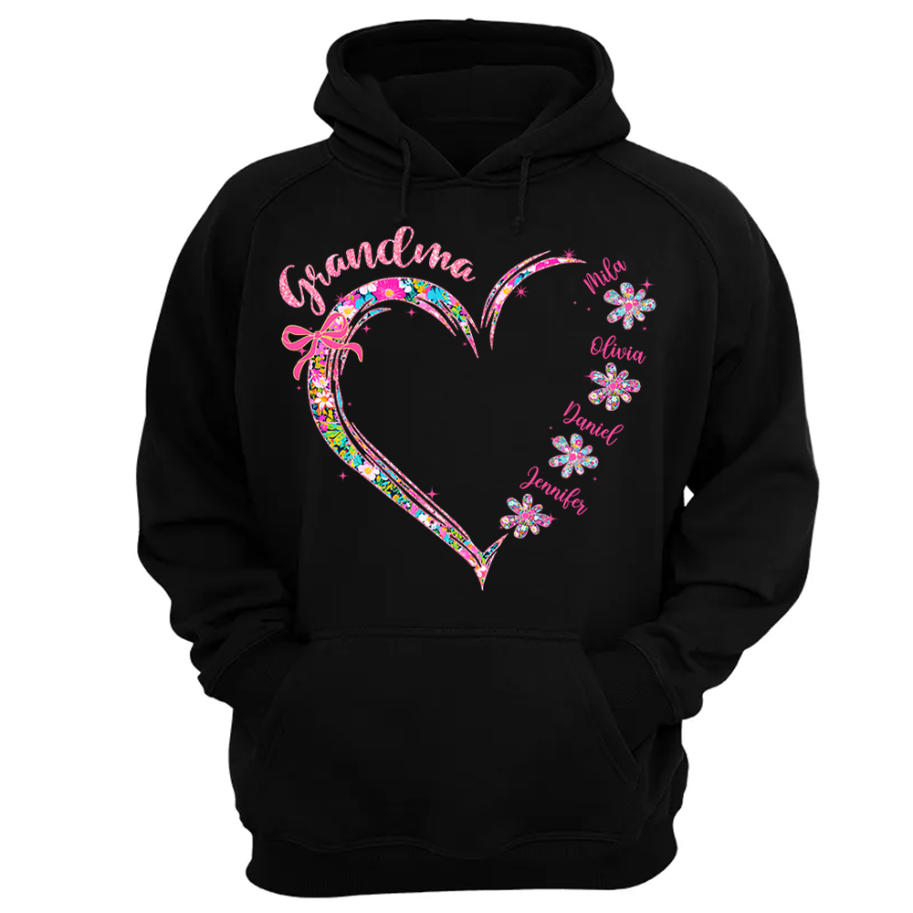 Grandma Heart Glitter Shirt - Custom Flower Shirt For Nana Mimi Gigi - Personalized Kid Names NA04 Pa00