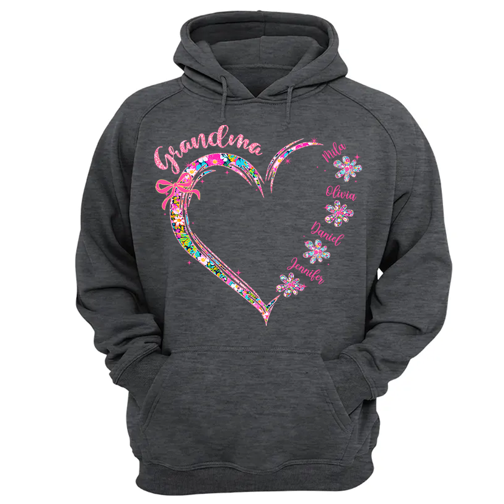 Grandma Heart Glitter Shirt - Custom Flower Shirt For Nana Mimi Gigi - Personalized Kid Names NA04 Pa00