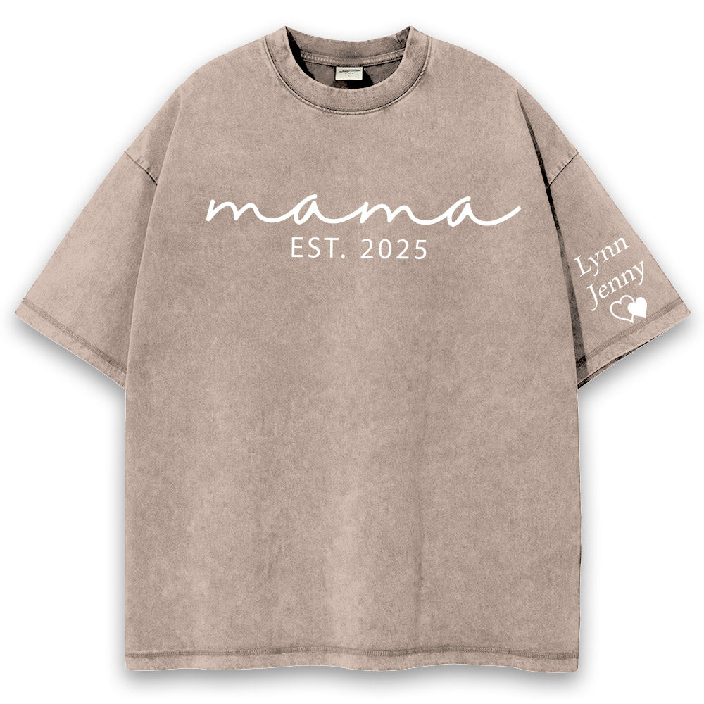 Custom Mama Mineral Wash Tee Shirt with Kid Name on Sleeve, Personalized Mom Shirt, New Mom Gift, Gift For Mom, Mothers Day, Pregnancy Announcement Li29