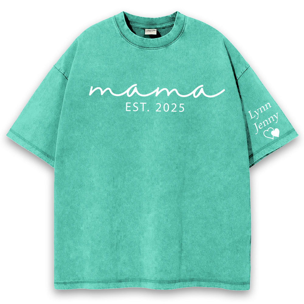Custom Mama Mineral Wash Tee Shirt with Kid Name on Sleeve, Personalized Mom Shirt, New Mom Gift, Gift For Mom, Mothers Day, Pregnancy Announcement Li29