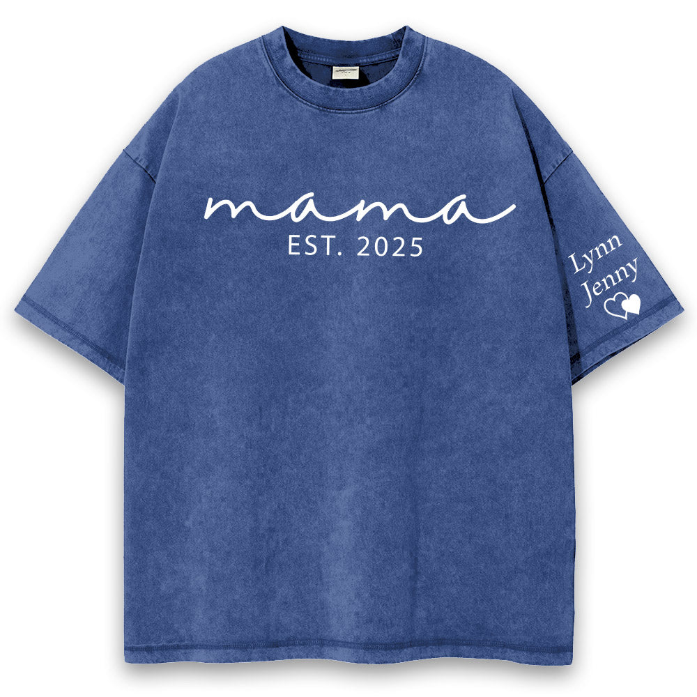 Custom Mama Mineral Wash Tee Shirt with Kid Name on Sleeve, Personalized Mom Shirt, New Mom Gift, Gift For Mom, Mothers Day, Pregnancy Announcement Li29