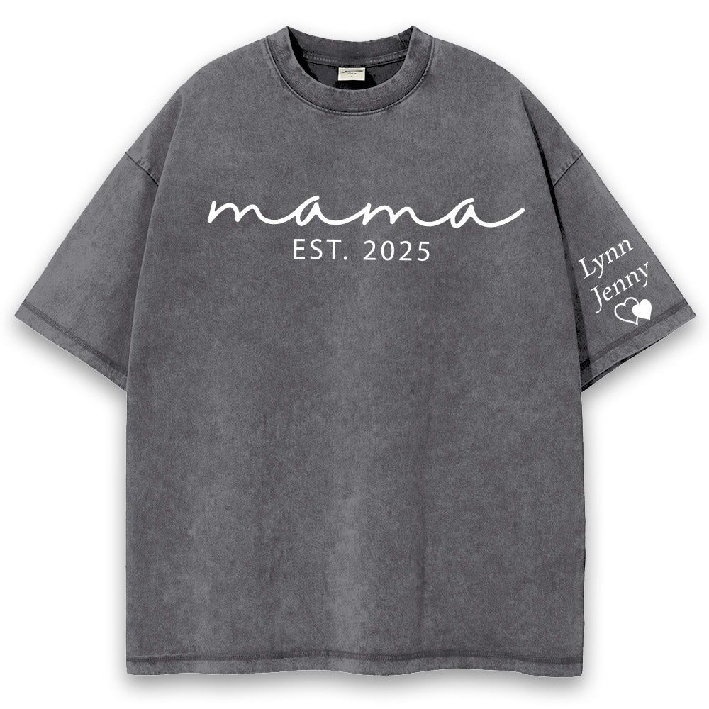 Custom Mama Mineral Wash Tee Shirt with Kid Name on Sleeve, Personalized Mom Shirt, New Mom Gift, Gift For Mom, Mothers Day, Pregnancy Announcement Li29