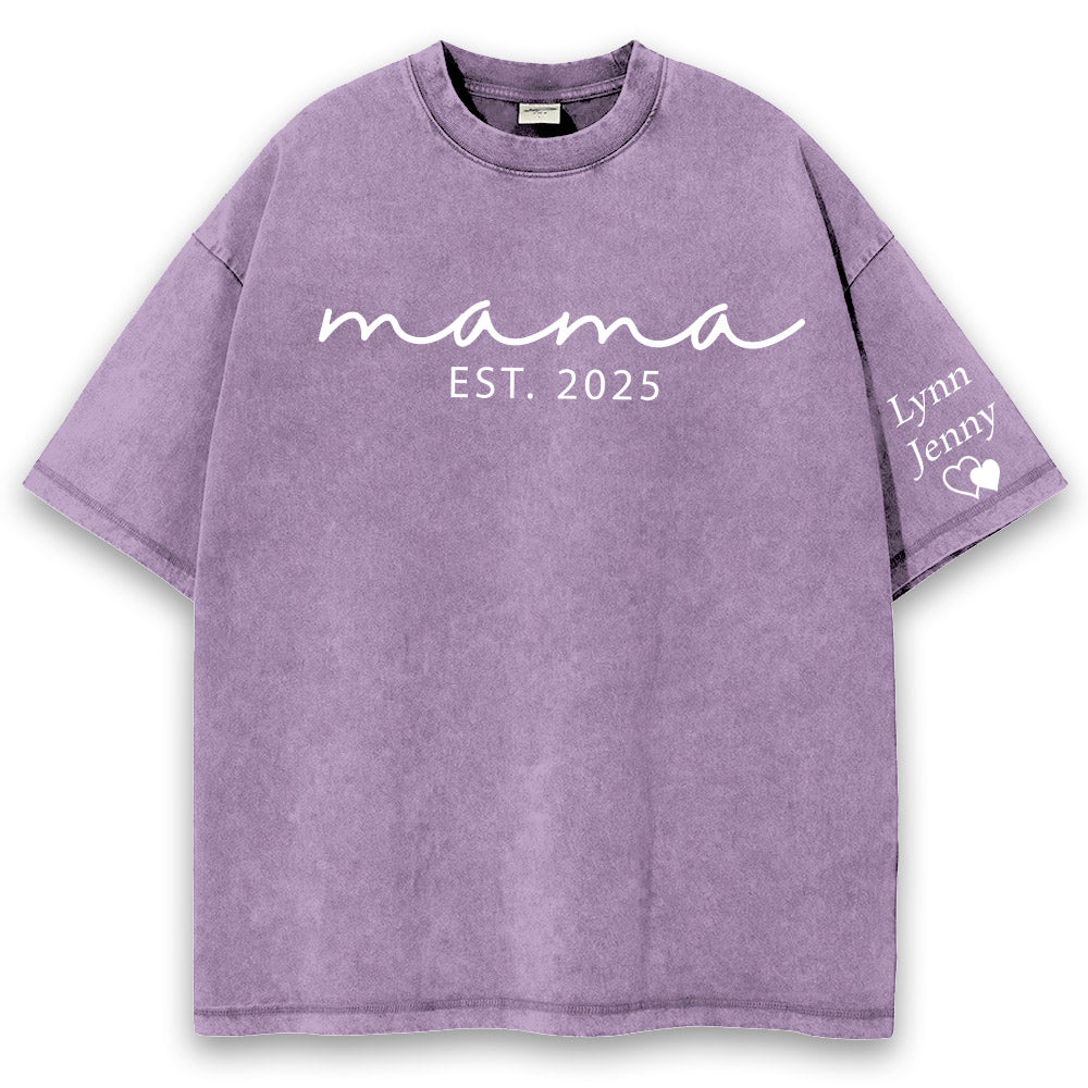 Custom Mama Mineral Wash Tee Shirt with Kid Name on Sleeve, Personalized Mom Shirt, New Mom Gift, Gift For Mom, Mothers Day, Pregnancy Announcement Li29