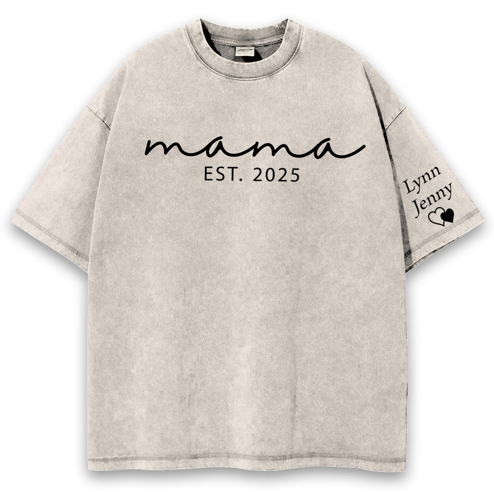 Custom Mama Mineral Wash Tee Shirt with Kid Name on Sleeve, Personalized Mom Shirt, New Mom Gift, Gift For Mom, Mothers Day, Pregnancy Announcement Li29