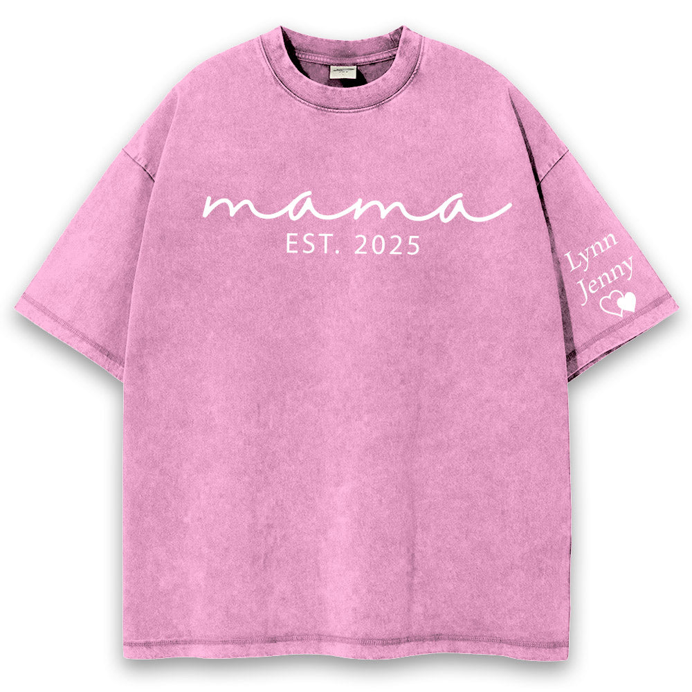 Custom Mama Mineral Wash Tee Shirt with Kid Name on Sleeve, Personalized Mom Shirt, New Mom Gift, Gift For Mom, Mothers Day, Pregnancy Announcement Li29