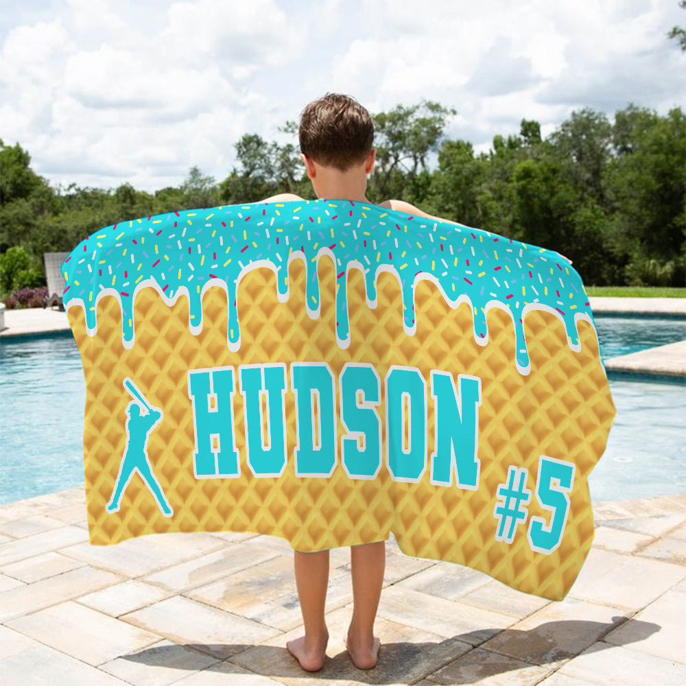 Personalized Ice Cream Drip Baseball Beach Towel For Boys, Drip Beach Towel, Pool Towel, Team Gift, Youth Baseball Gift Hv01
