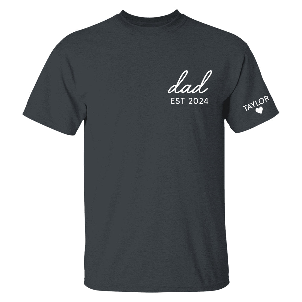Personalized Dad Est Year T-shirt, Custom Children Names On Sleeve Shirt, Dada Est 2023 2024, Father's Day Gift, New Papa Hn01