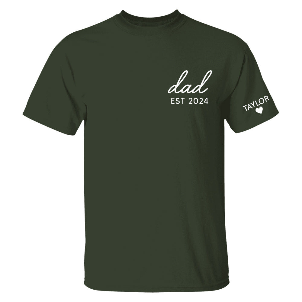 Personalized Dad Est Year T-shirt, Custom Children Names On Sleeve Shirt, Dada Est 2023 2024, Father's Day Gift, New Papa Hn01