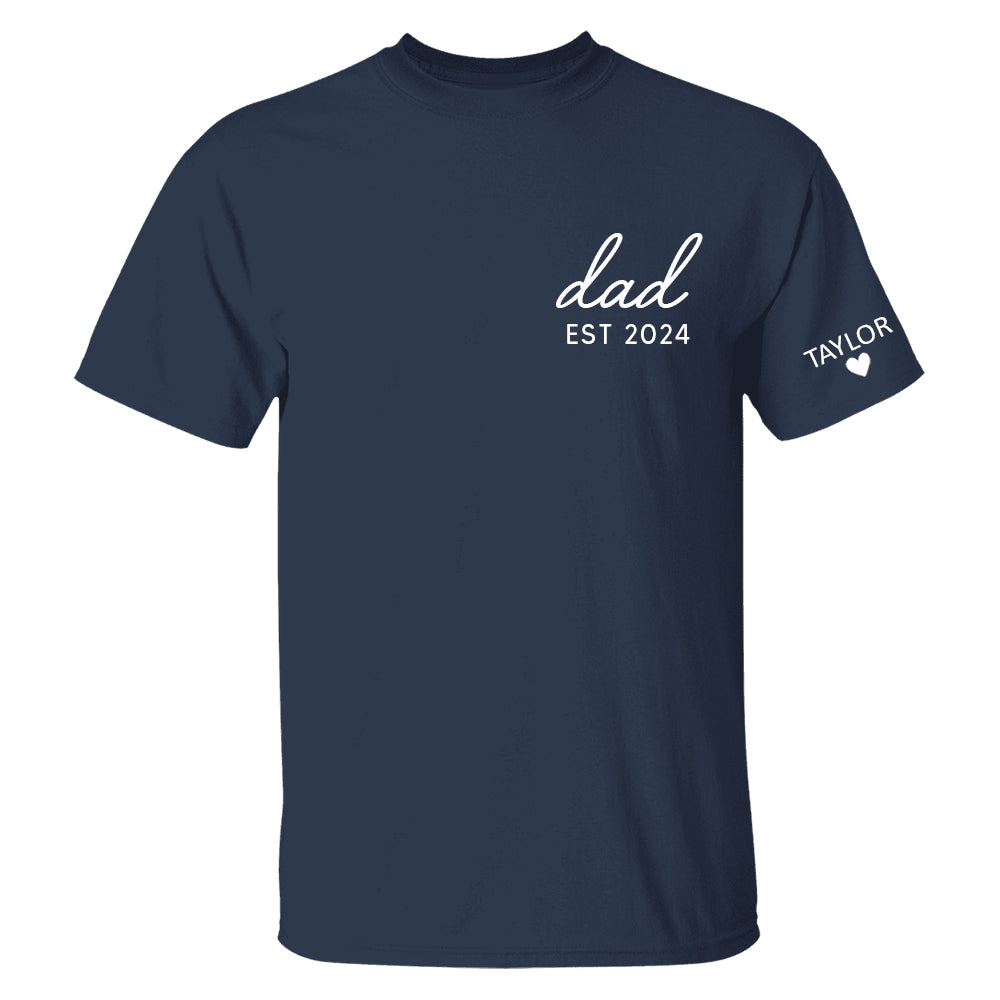Personalized Dad Est Year T-shirt, Custom Children Names On Sleeve Shirt, Dada Est 2023 2024, Father's Day Gift, New Papa Hn01