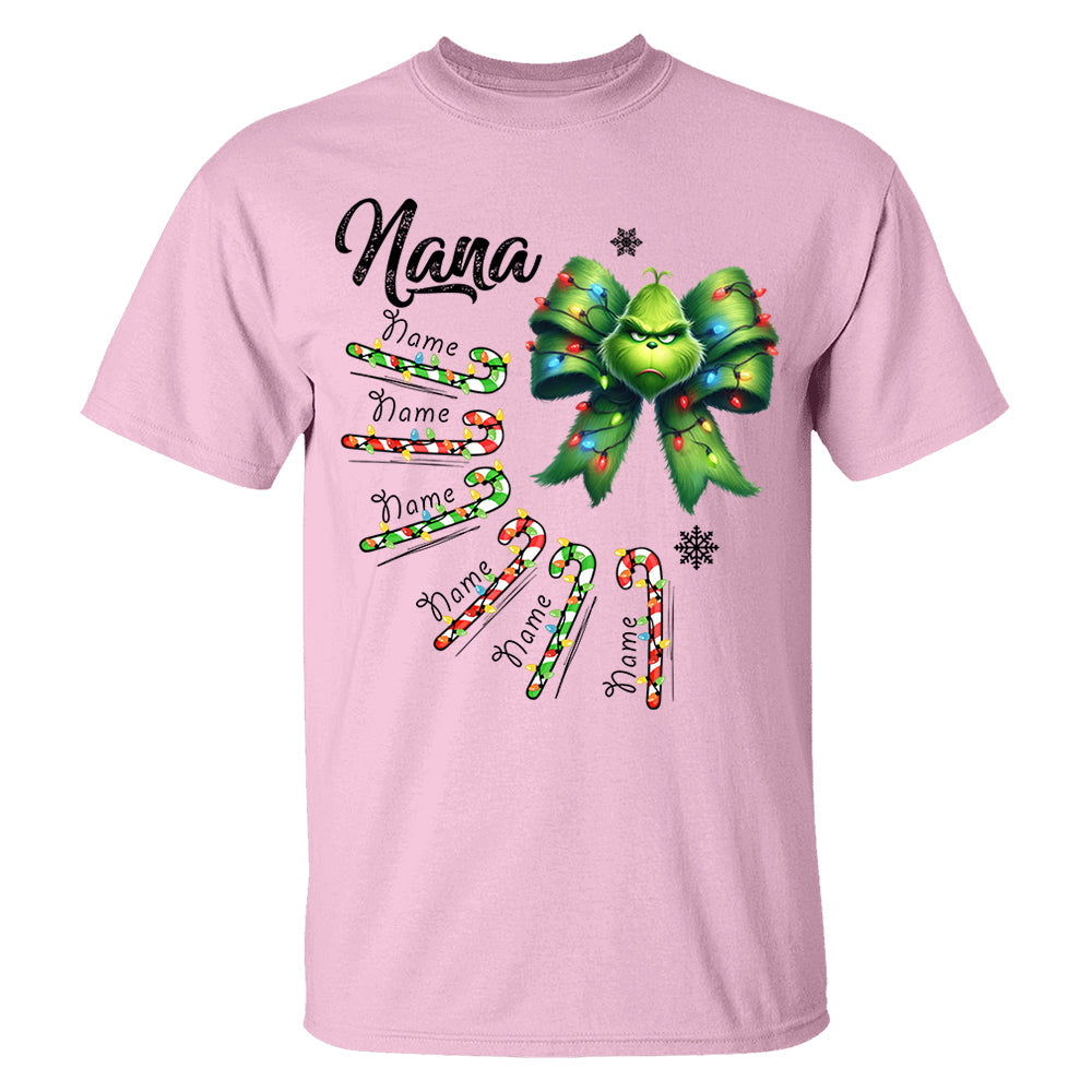 Personalized Grandma Christmas Candy Cane Coquette Bow Shirt, Custom Nana Mimi Funny Christmas Shirt