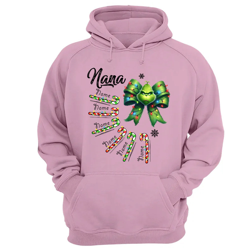 Personalized Grandma Christmas Candy Cane Coquette Bow Shirt, Custom Nana Mimi Funny Christmas Shirt