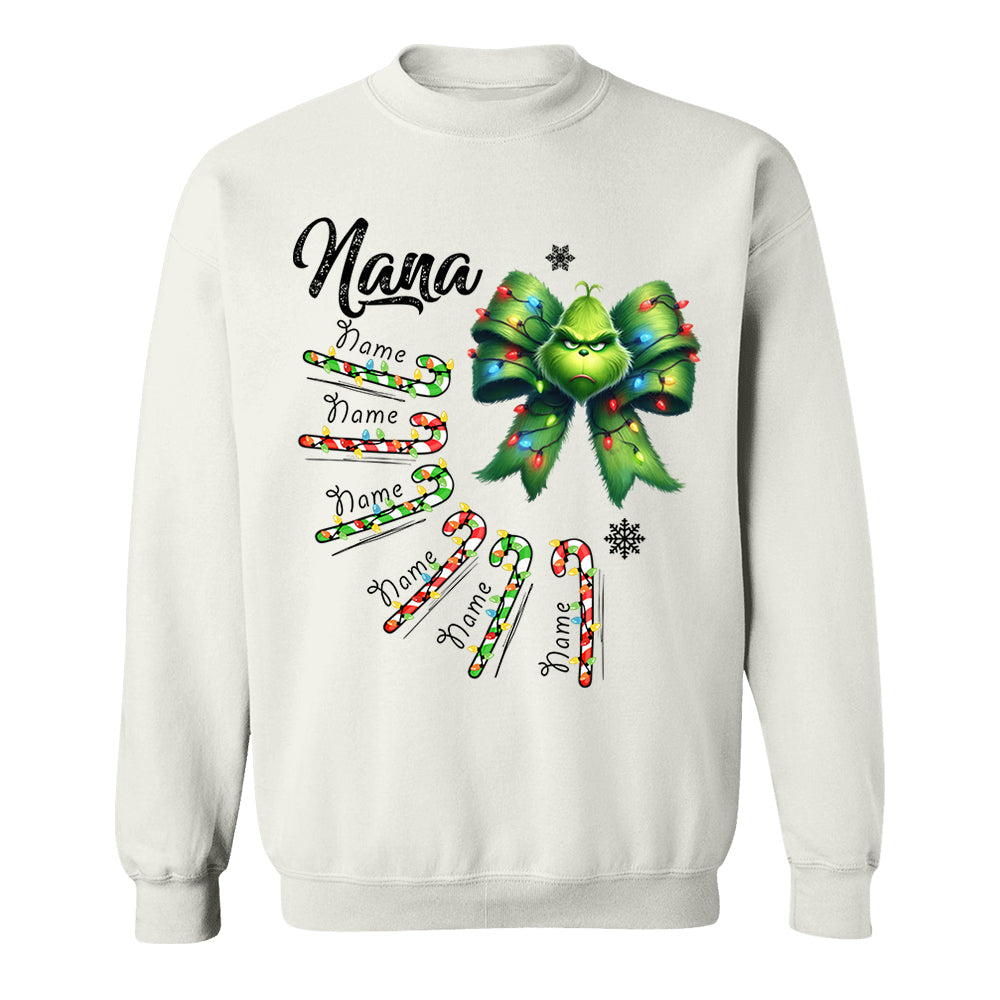 Personalized Grandma Christmas Candy Cane Coquette Bow Shirt, Custom Nana Mimi Funny Christmas Shirt