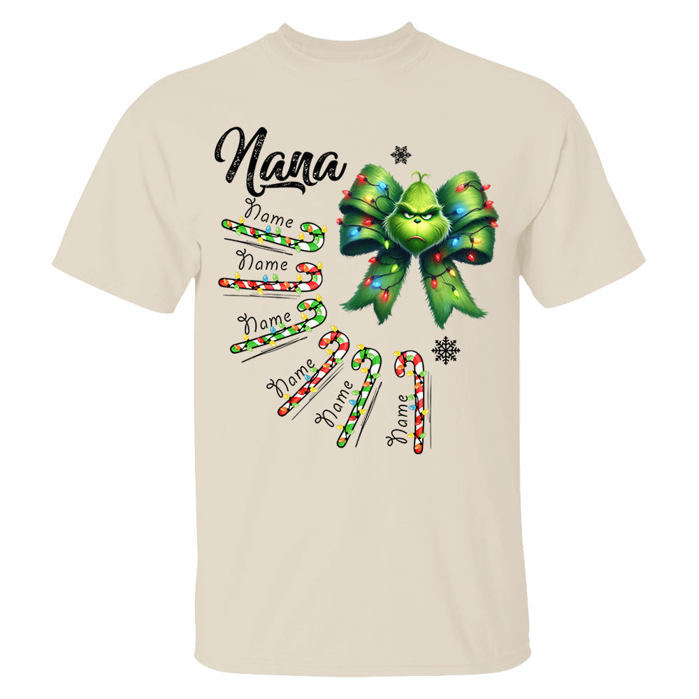 Personalized Grandma Christmas Candy Cane Coquette Bow Shirt, Custom Nana Mimi Funny Christmas Shirt