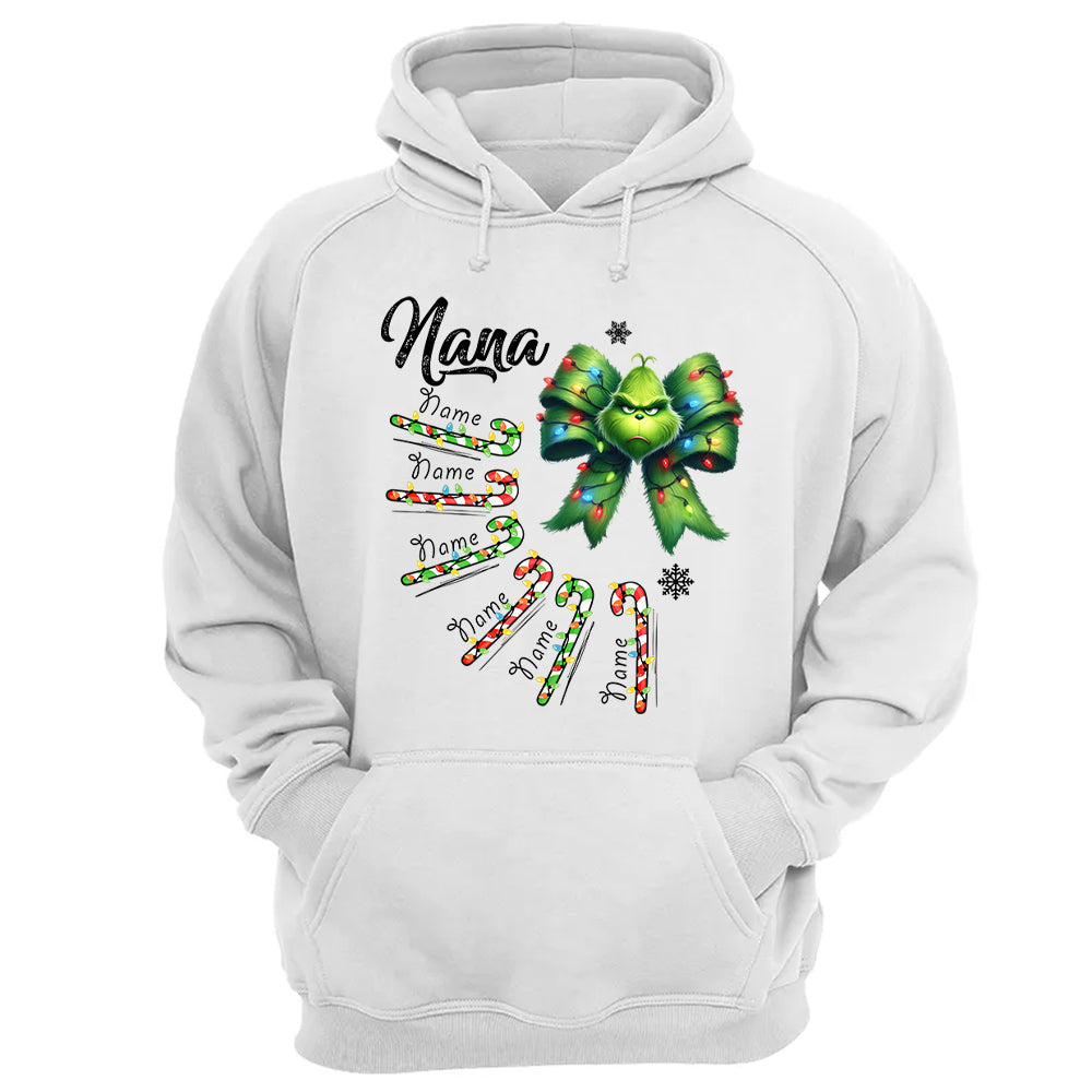 Personalized Grandma Christmas Candy Cane Coquette Bow Shirt, Custom Nana Mimi Funny Christmas Shirt
