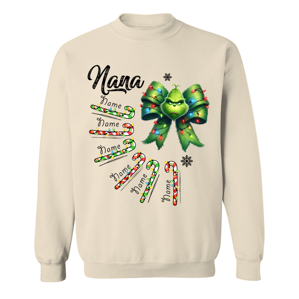 Personalized Grandma Christmas Candy Cane Coquette Bow Shirt, Custom Nana Mimi Funny Christmas Shirt