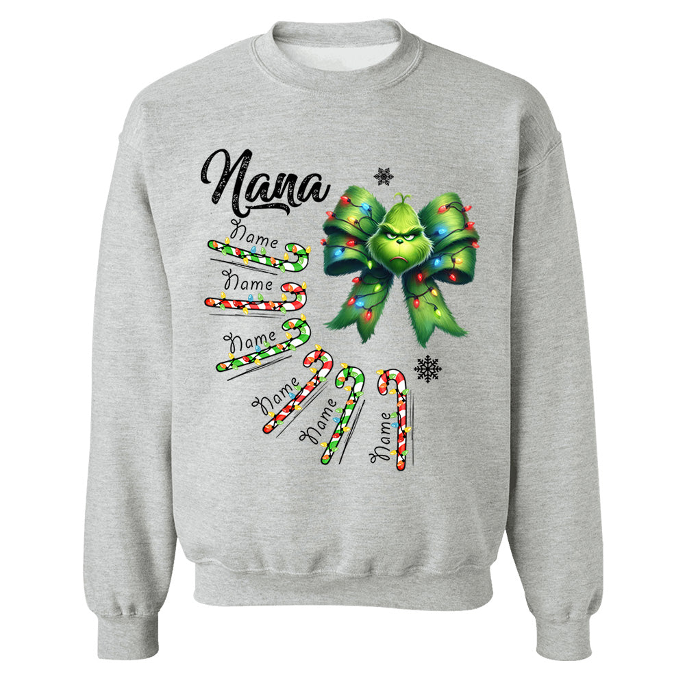 Personalized Grandma Christmas Candy Cane Coquette Bow Shirt, Custom Nana Mimi Funny Christmas Shirt
