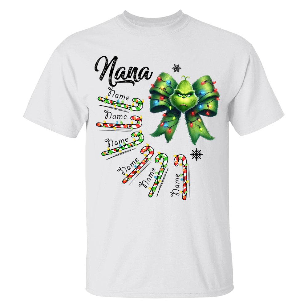 Personalized Grandma Christmas Candy Cane Coquette Bow Shirt, Custom Nana Mimi Funny Christmas Shirt