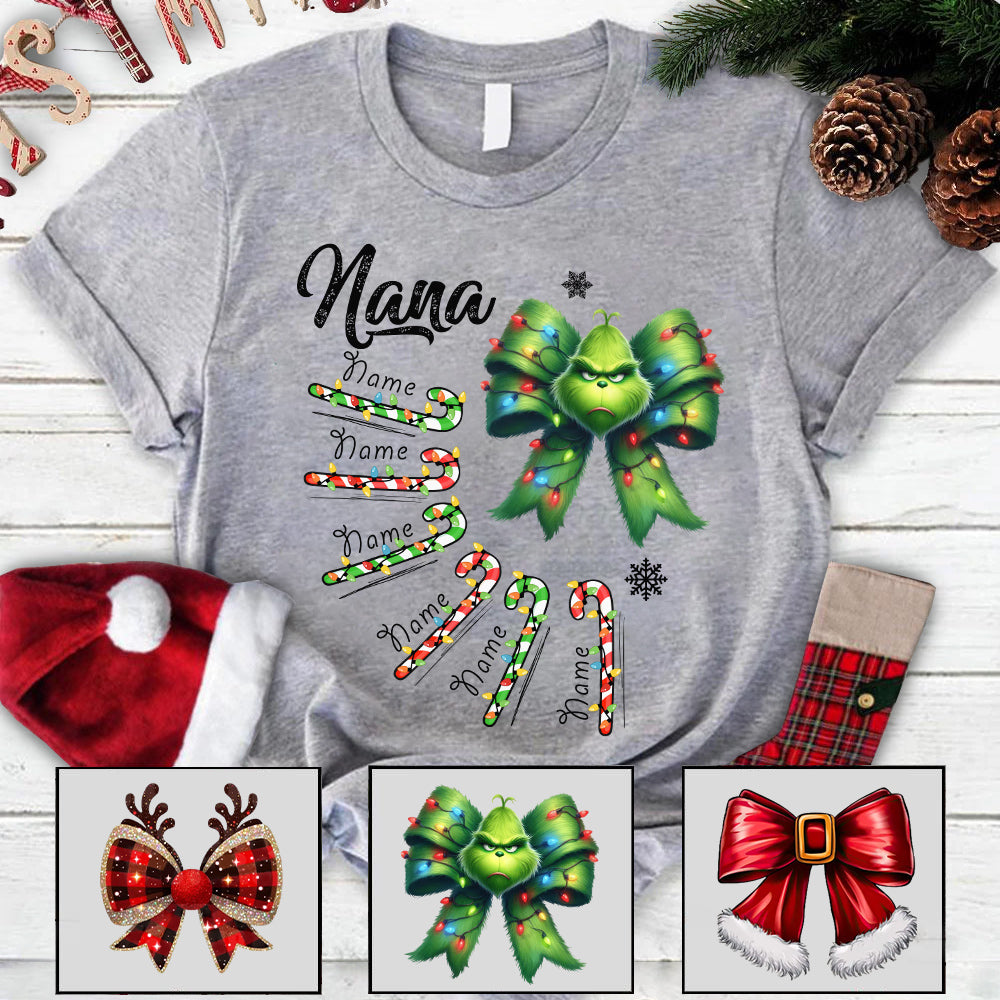 Personalized Grandma Christmas Candy Cane Coquette Bow Shirt, Custom Nana Mimi Funny Christmas Shirt