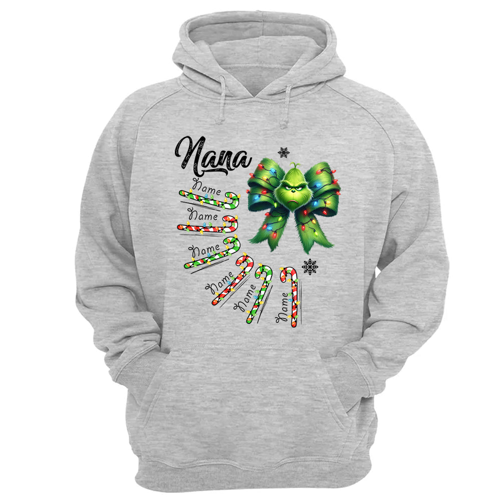 Personalized Grandma Christmas Candy Cane Coquette Bow Shirt, Custom Nana Mimi Funny Christmas Shirt