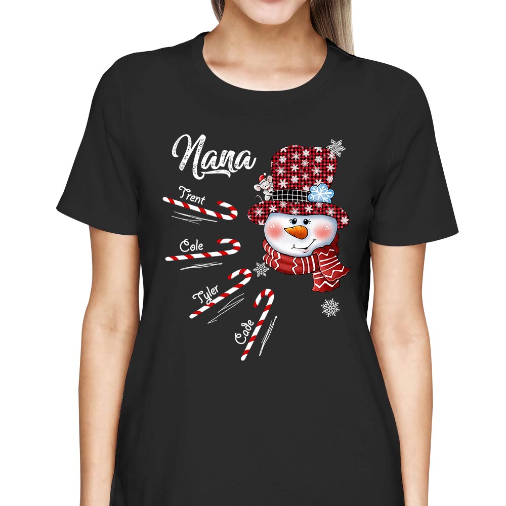 Personalized Nana Snowman Candy Cane Shirt With Grandkids Name, Grandma Nana Christmas Gift