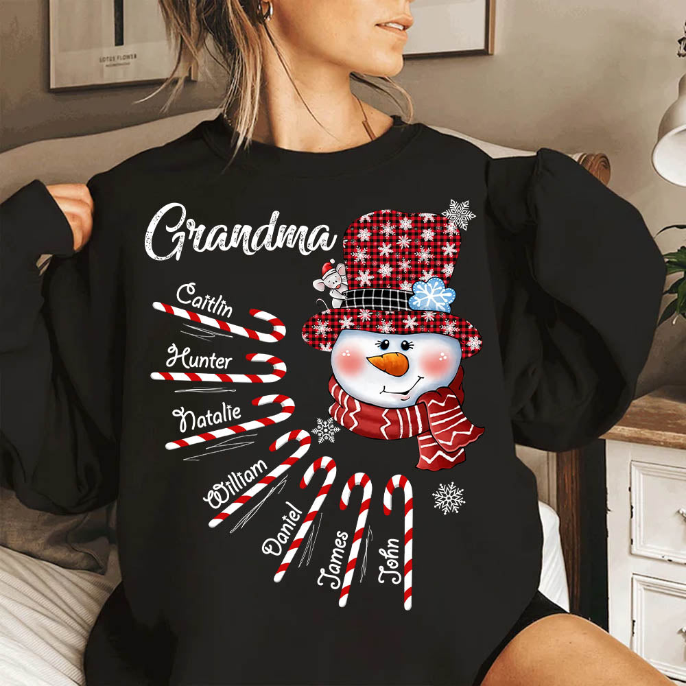 Personalized Nana Snowman Candy Cane Shirt With Grandkids Name, Grandma Nana Christmas Gift