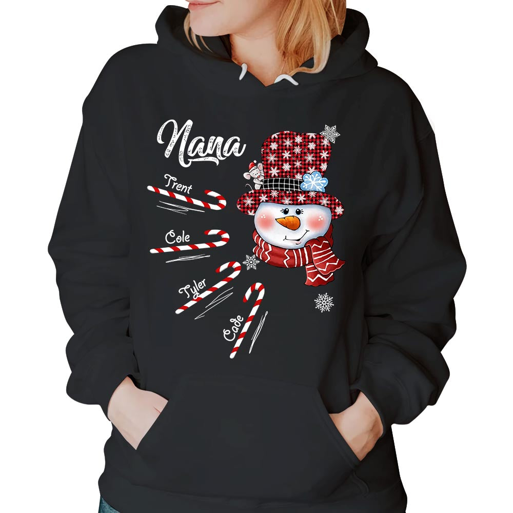 Personalized Nana Snowman Candy Cane Shirt With Grandkids Name, Grandma Nana Christmas Gift