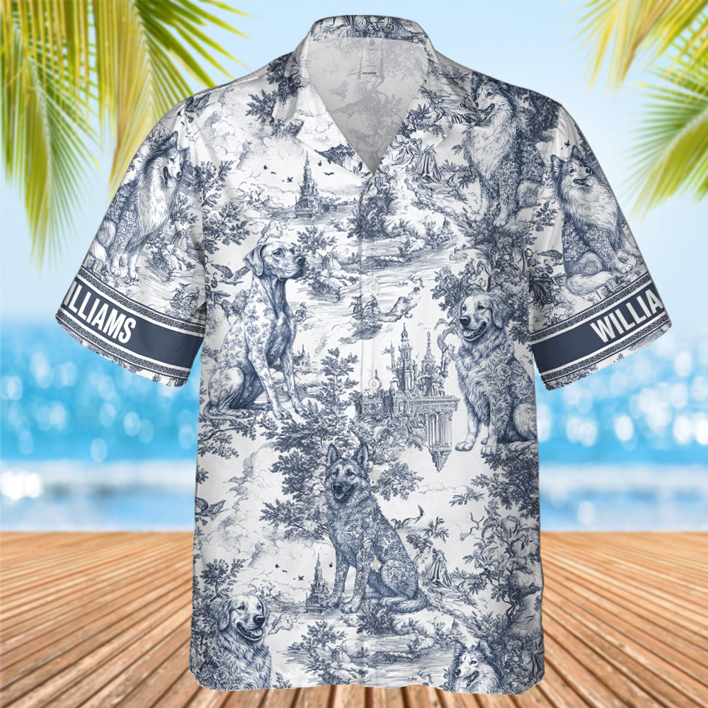 Personalized Dog Breeds Blue Toile De Jouy Pattern Hawaiian Shirt Gift For Dog Lovers Summer 2025 Hv01