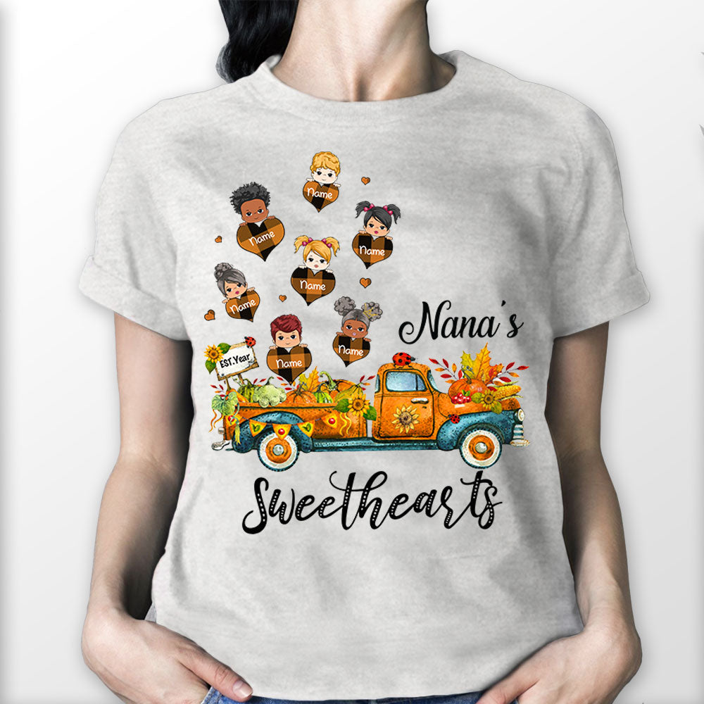 Nana's Sweethearts Autumn Truck And Pumkin Sunflower Personalized Shirt For Grandma