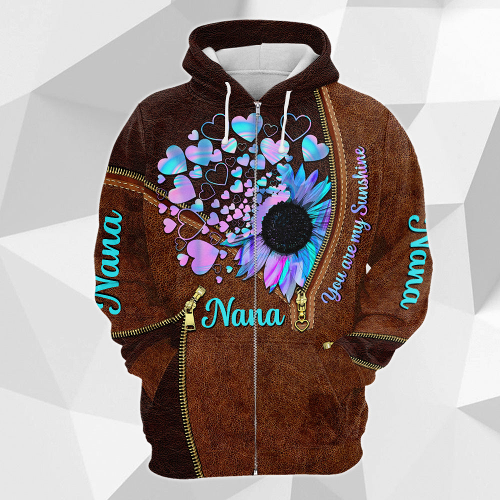 Grandkids Are My Hologram Sunshine Sunflower With Hearts Personalized All Over Print Shirt, 3D Shirt For Grandma