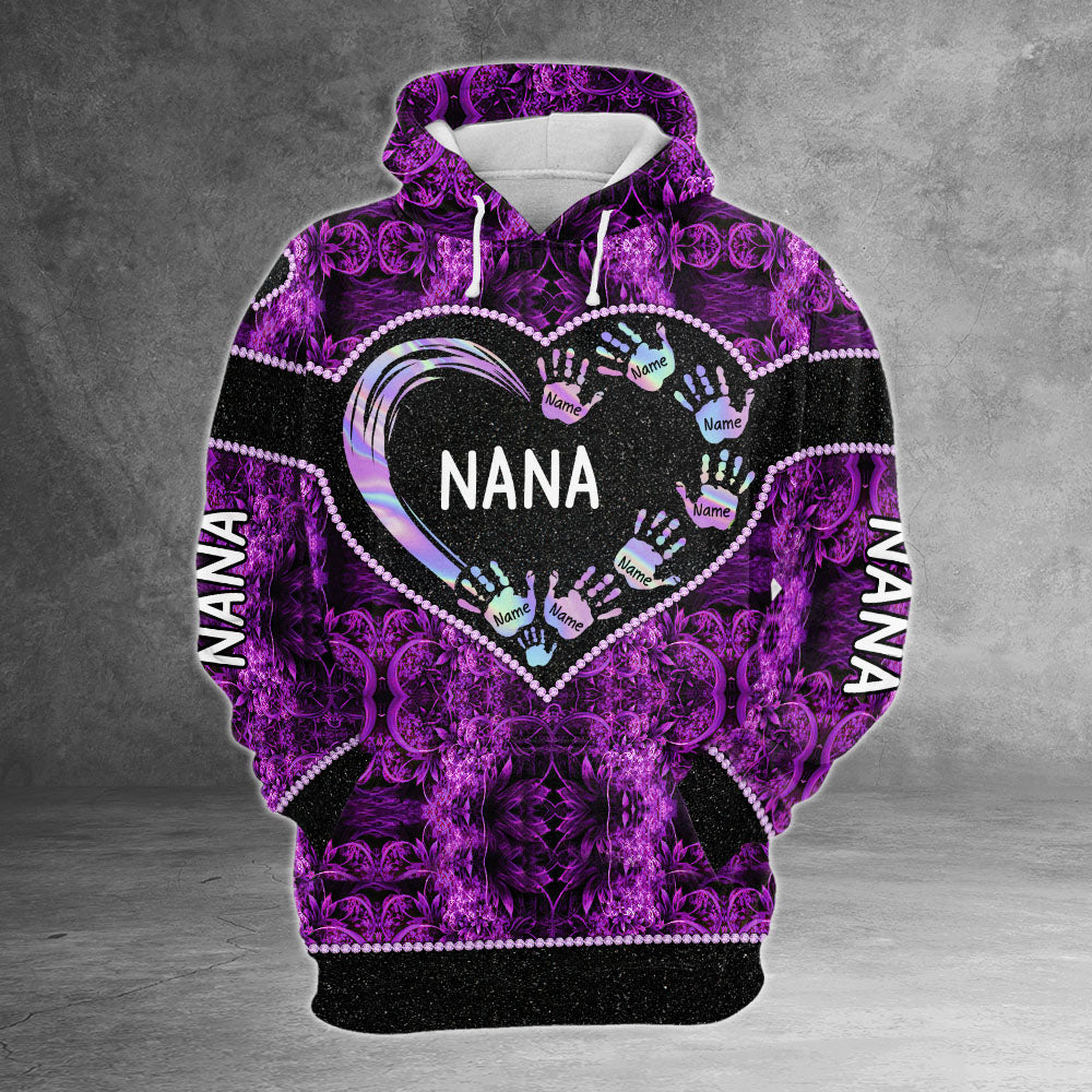 Nana Heart Handprints Hologram Personalized All Over Print Shirt, 3D Shirt For Grandma