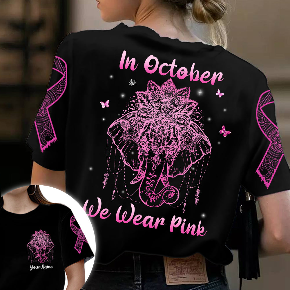 In October We Wear Pink, All Over Print Shirts For Breast Cancer Awareness, Elephant Mandala Art Print, Name Can Be Changed