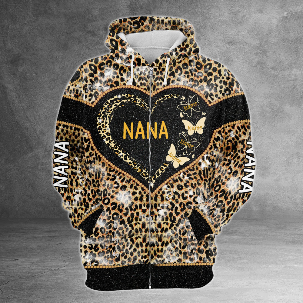 Nana Heart Butterflies Leopard Pattern Personalized All Over Print Shirt, 3D Shirt For Grandma