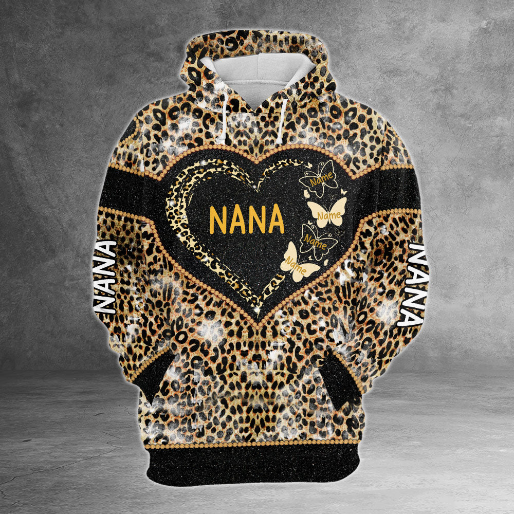 Nana Heart Butterflies Leopard Pattern Personalized All Over Print Shirt, 3D Shirt For Grandma