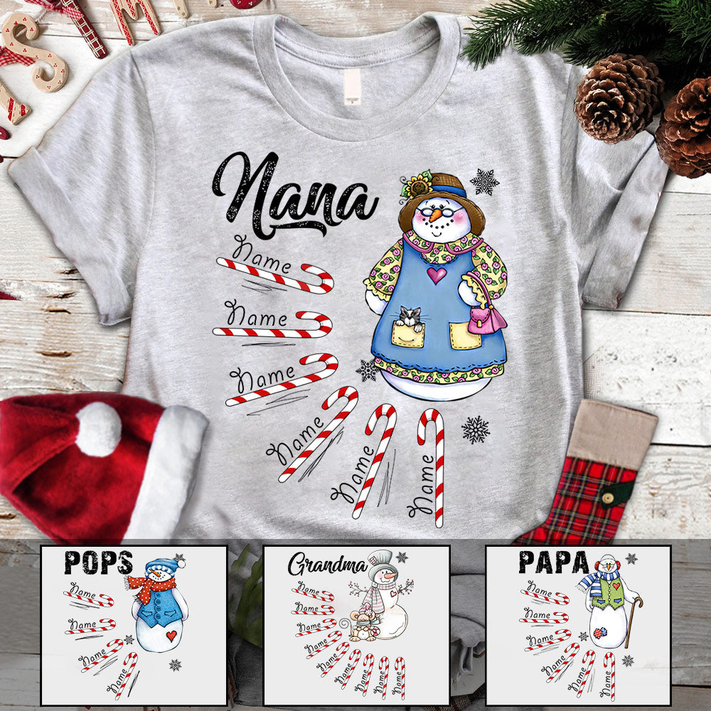 Christmas Snowman Candy Cane Personalized Shirt For Mom Grandma Papa