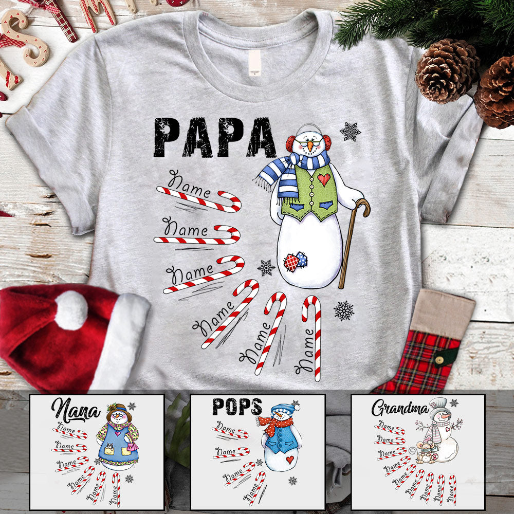 Christmas Snowman Candy Cane Personalized Shirt For Mom Grandma Papa