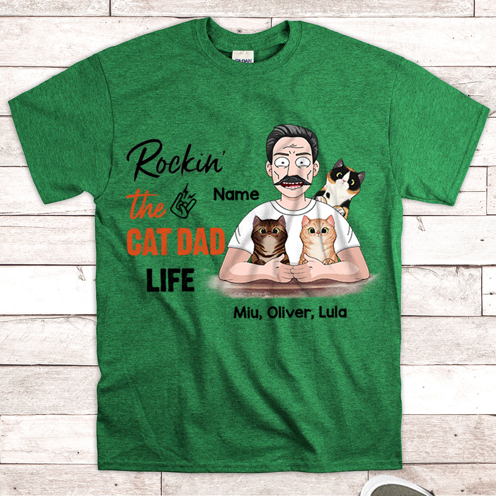 Personalized Man With Cat, Rockin' The Cat Dad Life, Father's Day Shirts, Gift For Cat Dad, Gift For Cat Lovers